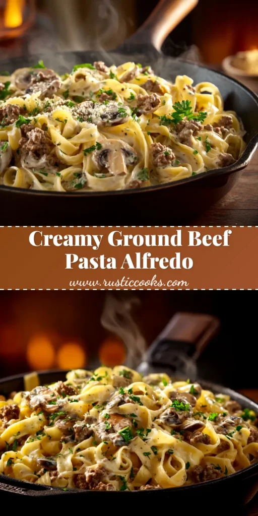 An overhead shot of a white bowl filled with creamy Ground Beef Pasta Alfredo, garnished with fresh parsley. The perfect 30-minute weeknight dinner idea.