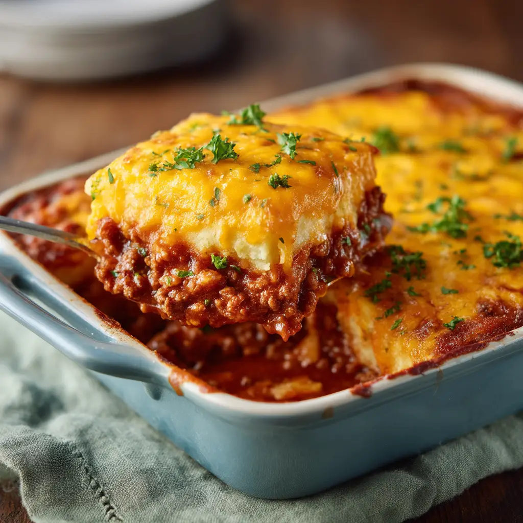 The layers of the easy ground beef and potato casserole shown in a baking dish, highlighting the potatoes, beef, and sauce.