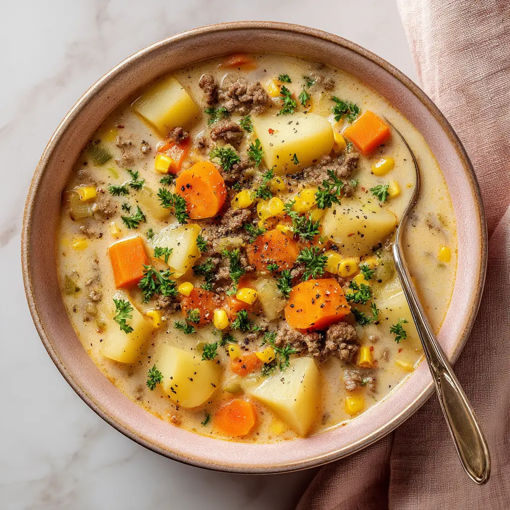 A spoonful of ground beef potato soup being lifted from a bowl, showcasing the chunks of potato, ground beef, and vegetables.
