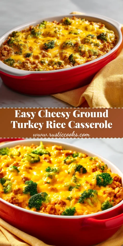 A top-down view of a bubbly, golden-brown ground turkey rice casserole in a white baking dish, ready to be served.