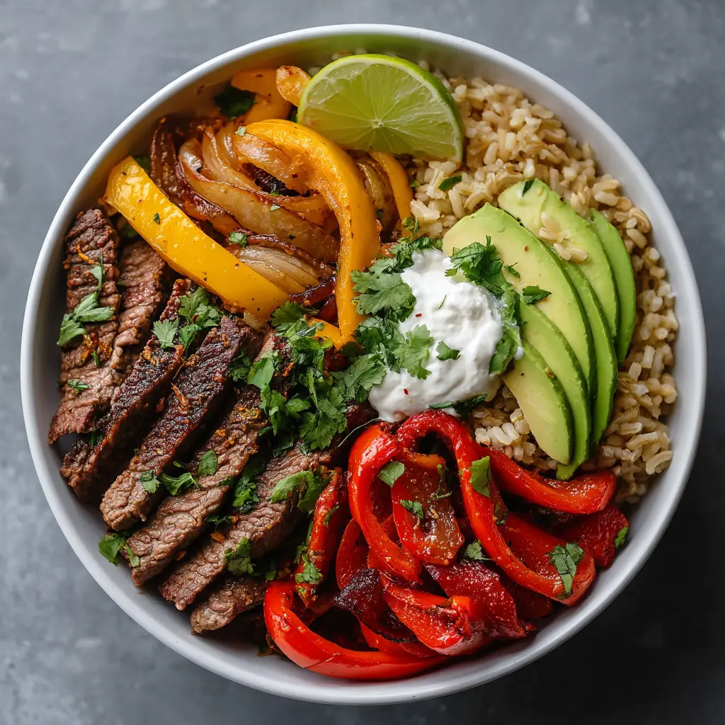 A close-up of the juicy, sliced steak and caramelized vegetables in a healthy steak bowl.