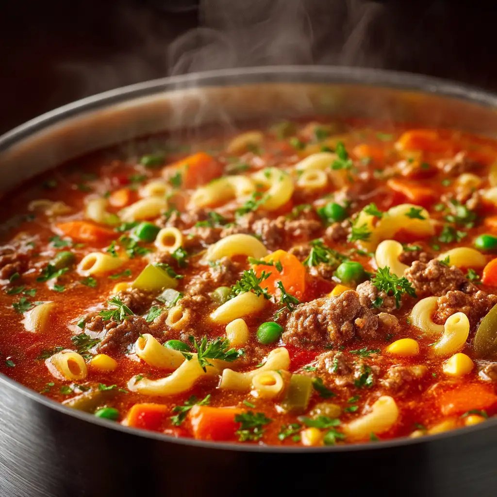 An overhead close-up shot of Italian Ground Beef Pasta Soup in a rustic bowl, showing the ditalini pasta, ground beef, and vegetables in a rich tomato broth.