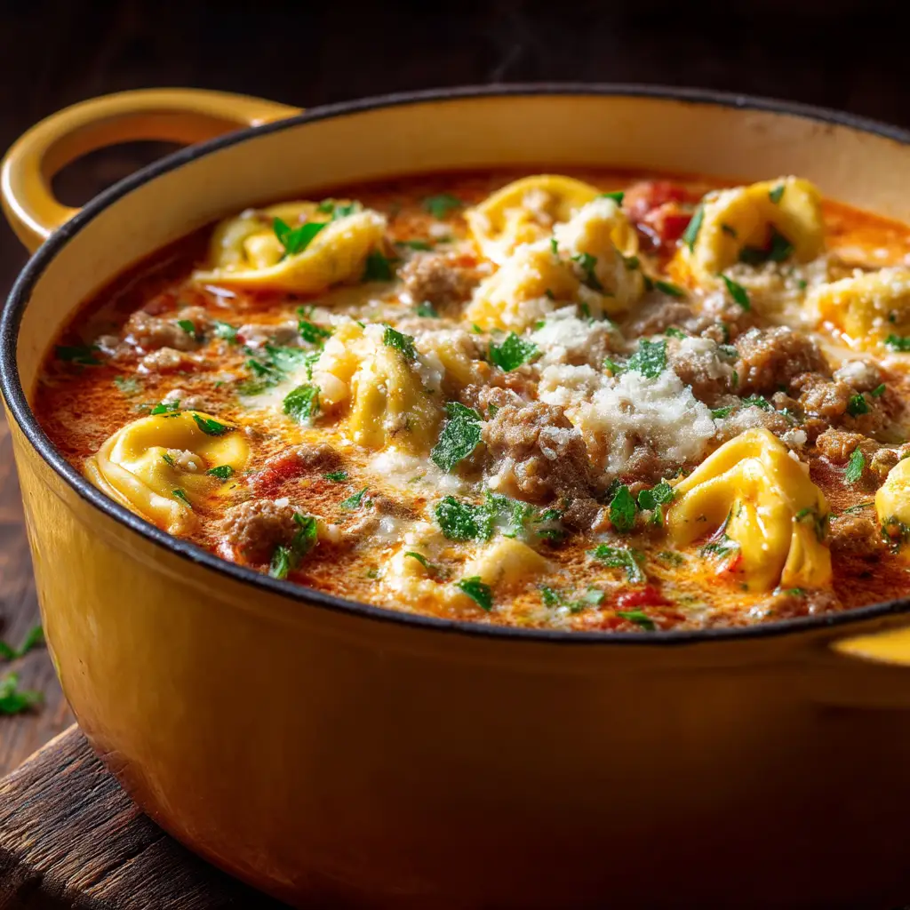 A spoonful of hearty lasagna soup being lifted from a bowl, showcasing the Mafalda pasta, sausage, and cheesy ricotta topping.