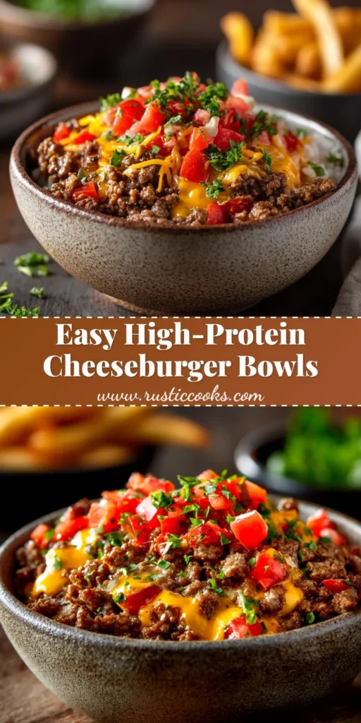 A close-up overhead shot of a delicious high-protein cheeseburger bowl, loaded with ground beef, cheese, tomatoes, and a creamy sauce.