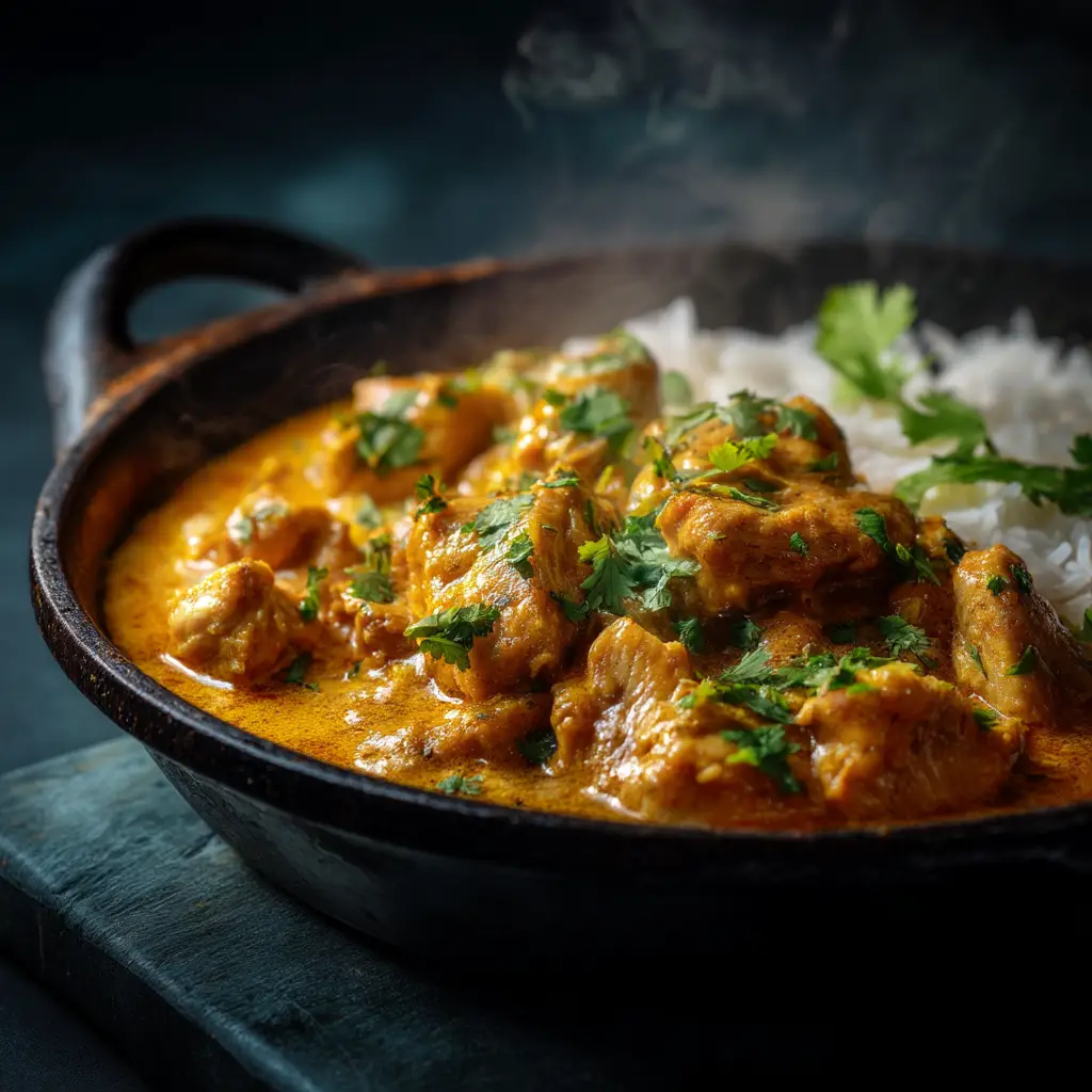 A final plated bowl of the homemade chicken curry recipe, garnished with fresh cilantro and served next to a bowl of basmati rice.