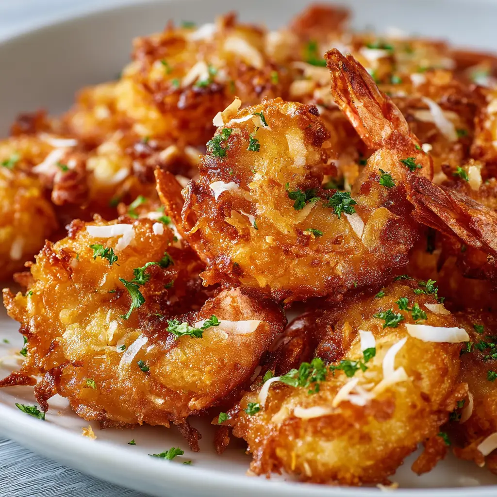 A platter of homemade coconut shrimp ready for serving. This showcases a full batch made from this easy shrimp recipe, emphasizing its suitability for appetizers or a main course.
