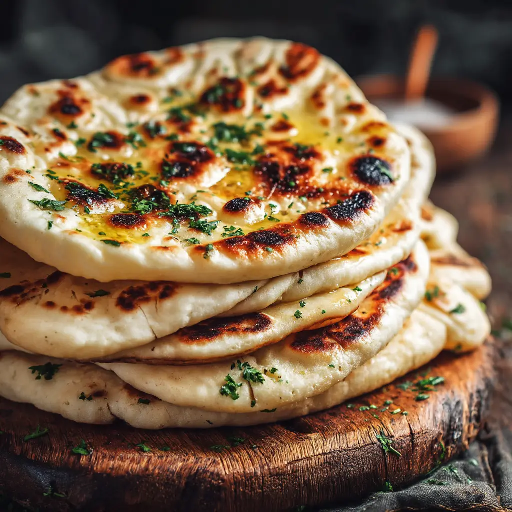 A stack of homemade sourdough discard naan on a wooden board, garnished with fresh cilantro and garlic butter.