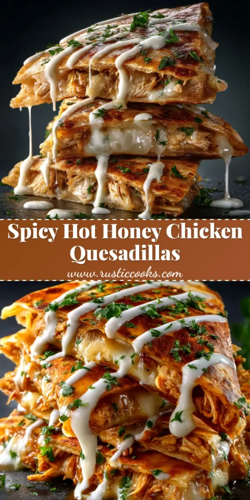 A delicious stack of Hot Honey Chicken Quesadillas cut into wedges, showing the gooey cheese and chicken filling, with a side of sour cream for dipping.