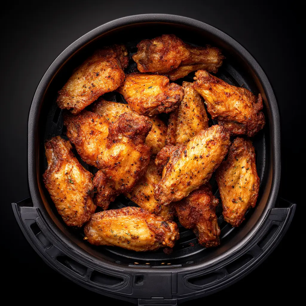 A close-up shot of seasoned chicken wings in an air fryer basket before cooking.
