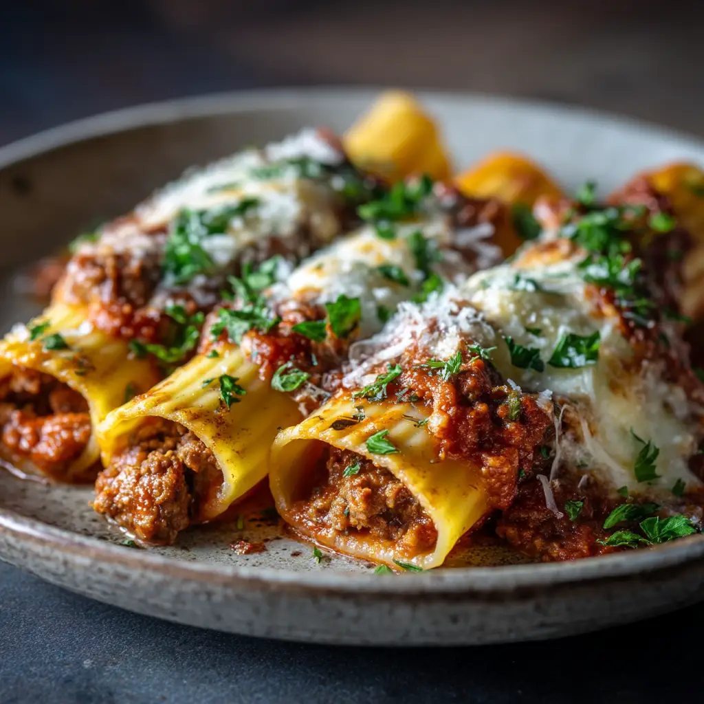 The process of making baked manicotti, with stuffed shells being arranged in a baking dish covered in marinara sauce.