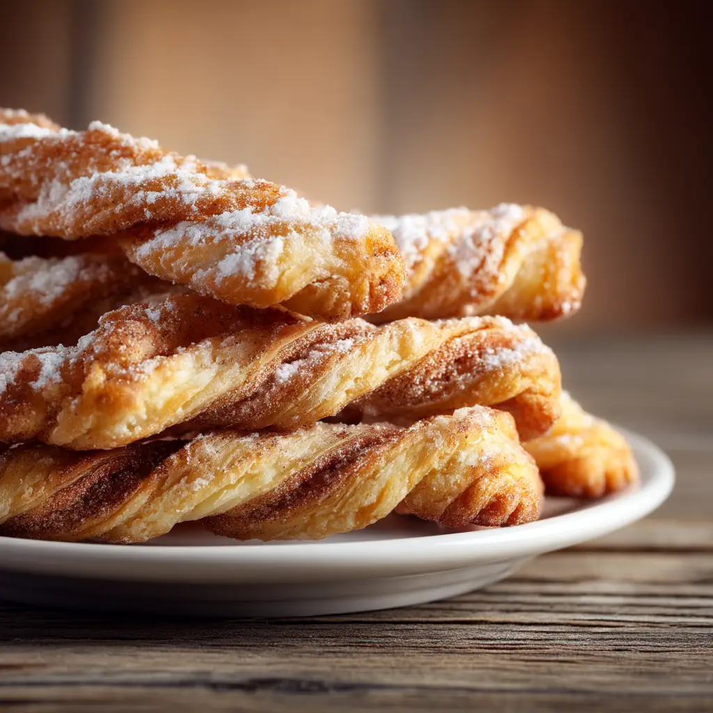 The process of preparing flaky cinnamon twists, showing the raw, twisted dough strips arranged on a parchment-lined baking sheet before baking.