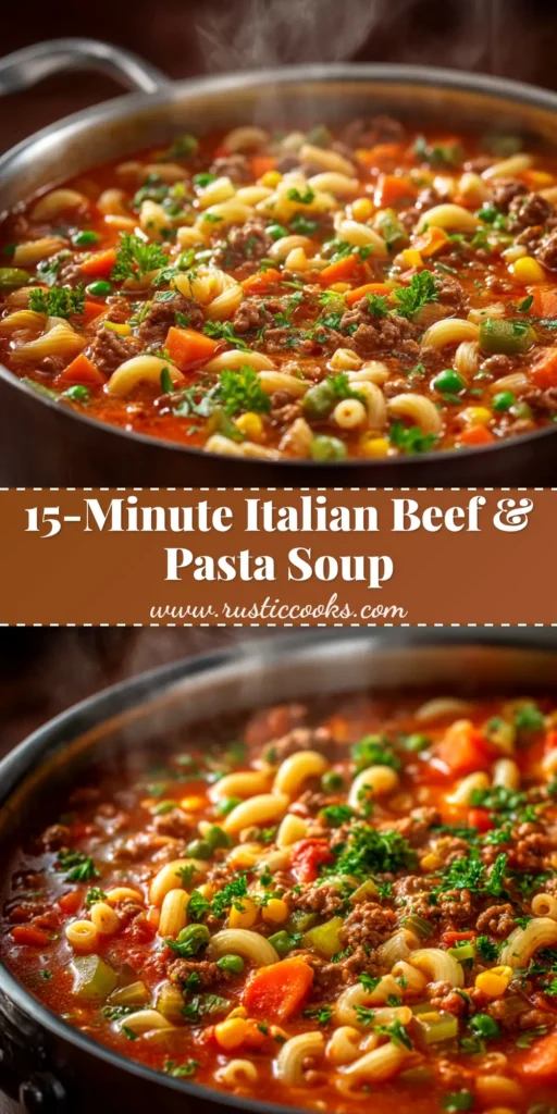 A large white bowl filled with hearty Italian Ground Beef Pasta Soup, garnished with fresh parsley and Parmesan cheese. A spoon rests in the bowl, ready to eat.