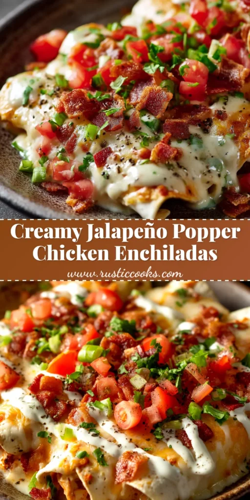 A close-up overhead shot of a baking dish filled with cheesy Jalapeño Popper Chicken Enchiladas, fresh out of the oven.