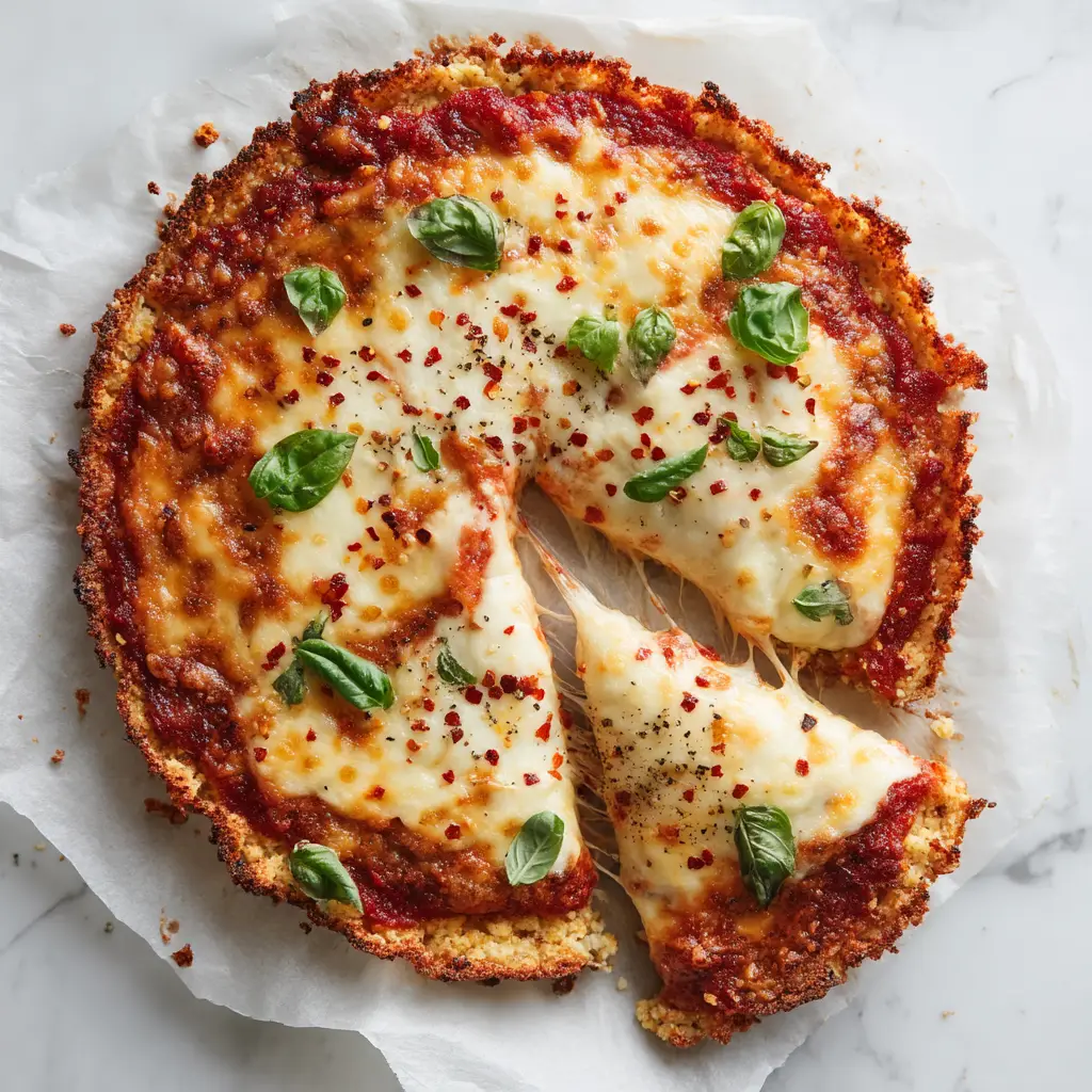 A close-up shot showing the texture of the cooked cottage cheese pizza crust, highlighting its crispy edges and sturdy structure.