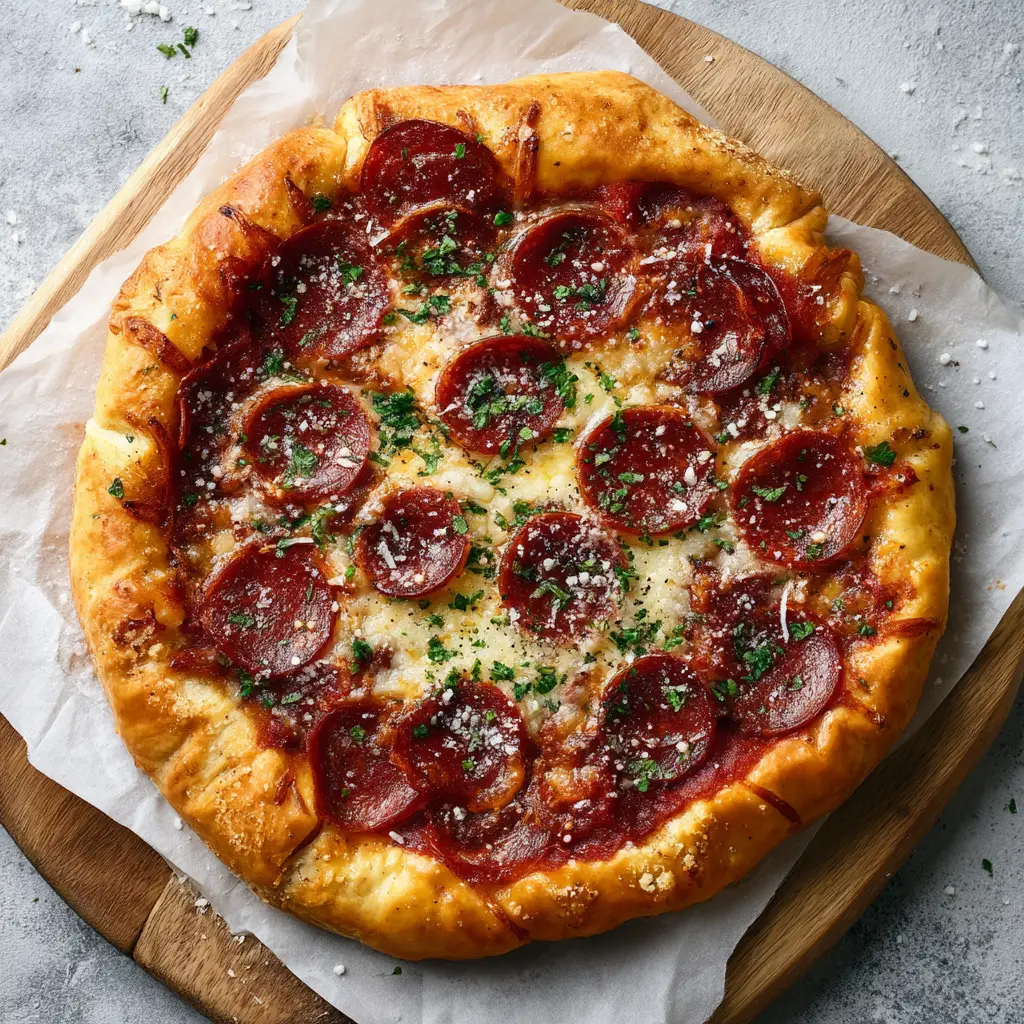 A finished keto cottage cheese pizza topped with pepperoni and melted mozzarella cheese, with a single slice being lifted to show the sturdy crust.