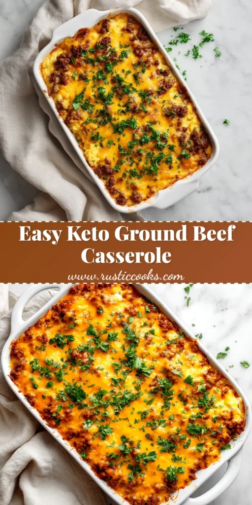 A delicious and easy Keto Ground Beef Casserole in a white baking dish, topped with melted cheese and fresh parsley.
