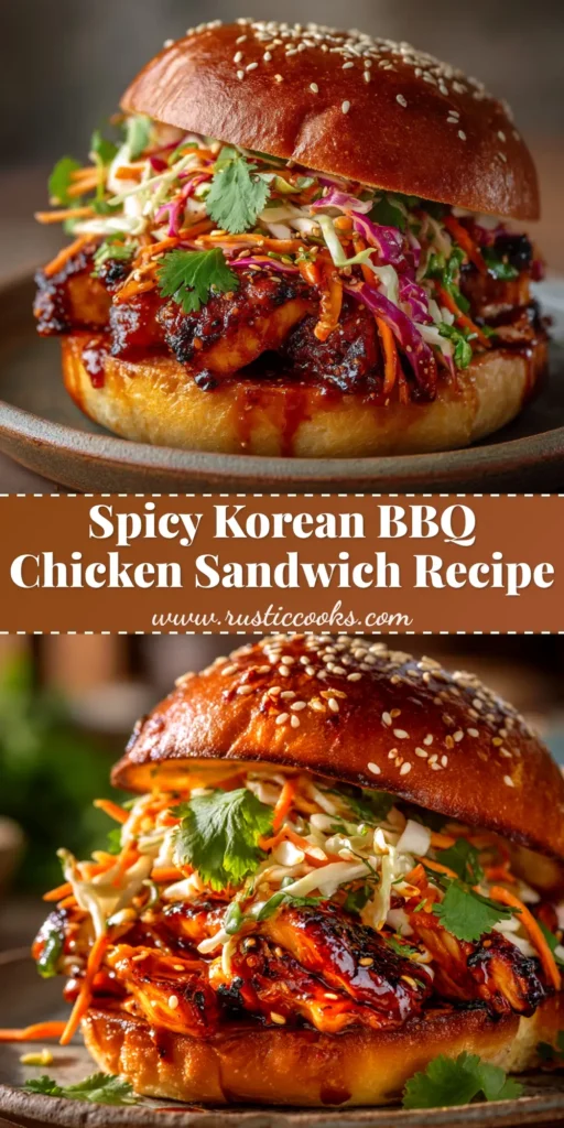 A perfectly assembled Korean BBQ Chicken Sandwich on a brioche bun with crispy chicken, gochujang sauce, and a fresh kimchi slaw, ready to be eaten.