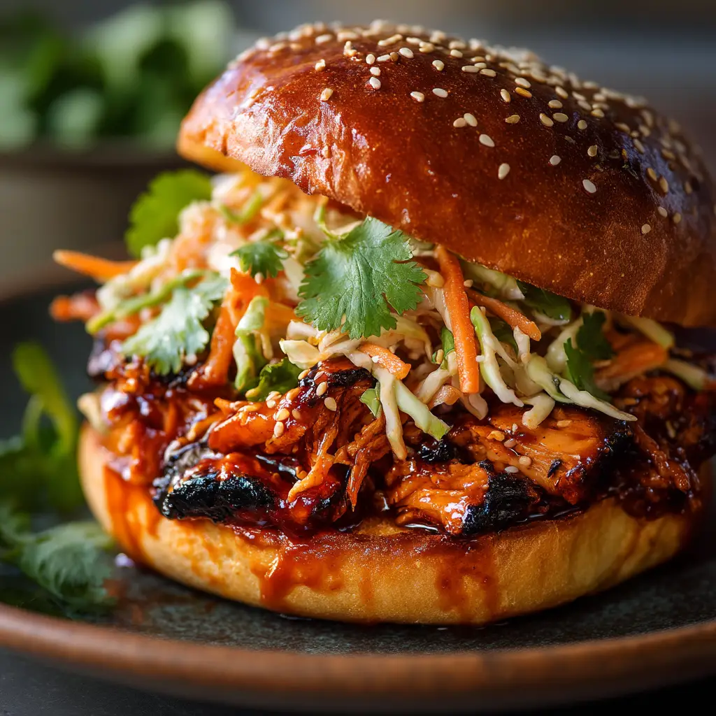 A crispy piece of chicken being coated in a bubbling, sweet and spicy Korean BBQ sauce in a skillet.
