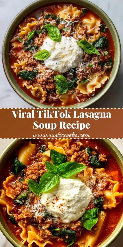 A hearty bowl of easy one-pot Lasagna Soup Recipe, topped with a creamy dollop of ricotta cheese and fresh parsley, ready to be eaten.