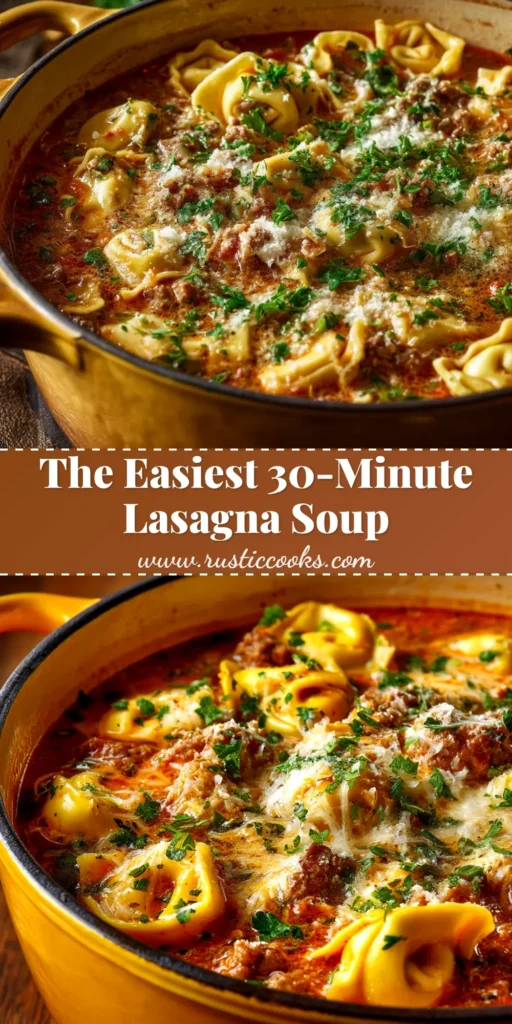 A cozy bowl of one-pot Lasagna Soup Recipe, topped with a creamy ricotta and mozzarella cheese mixture and fresh parsley.