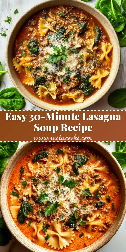 A close-up shot of a white bowl filled with rich, hearty Lasagna Soup Recipe, topped with a dollop of ricotta cheese, melted mozzarella, and fresh basil.