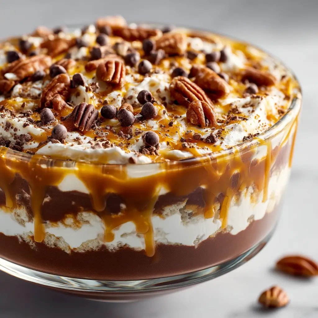A close-up shot of the layered turtle lasagna dessert in a glass baking dish, highlighting the textures of each delicious layer.