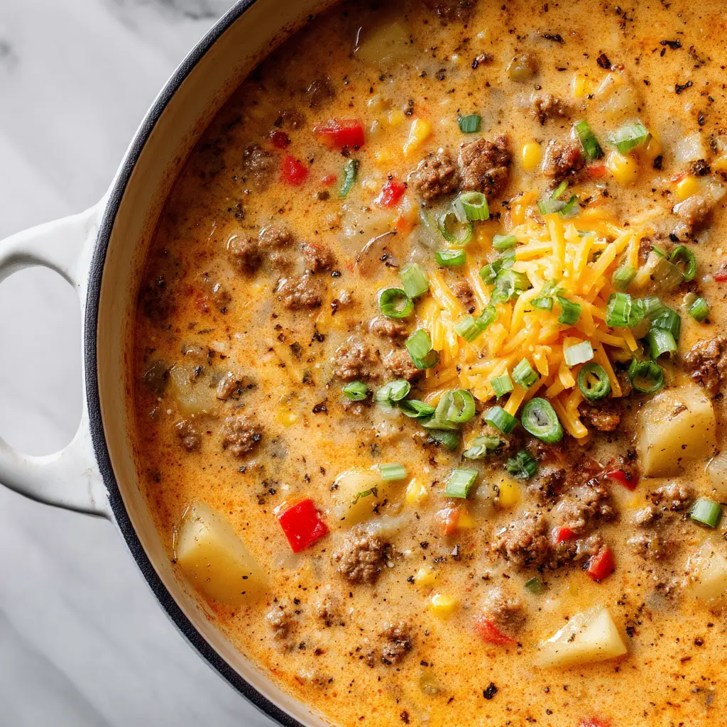 A close-up of a spoonful of loaded cheeseburger soup, showing the ground beef, potatoes, and cheese sauce.