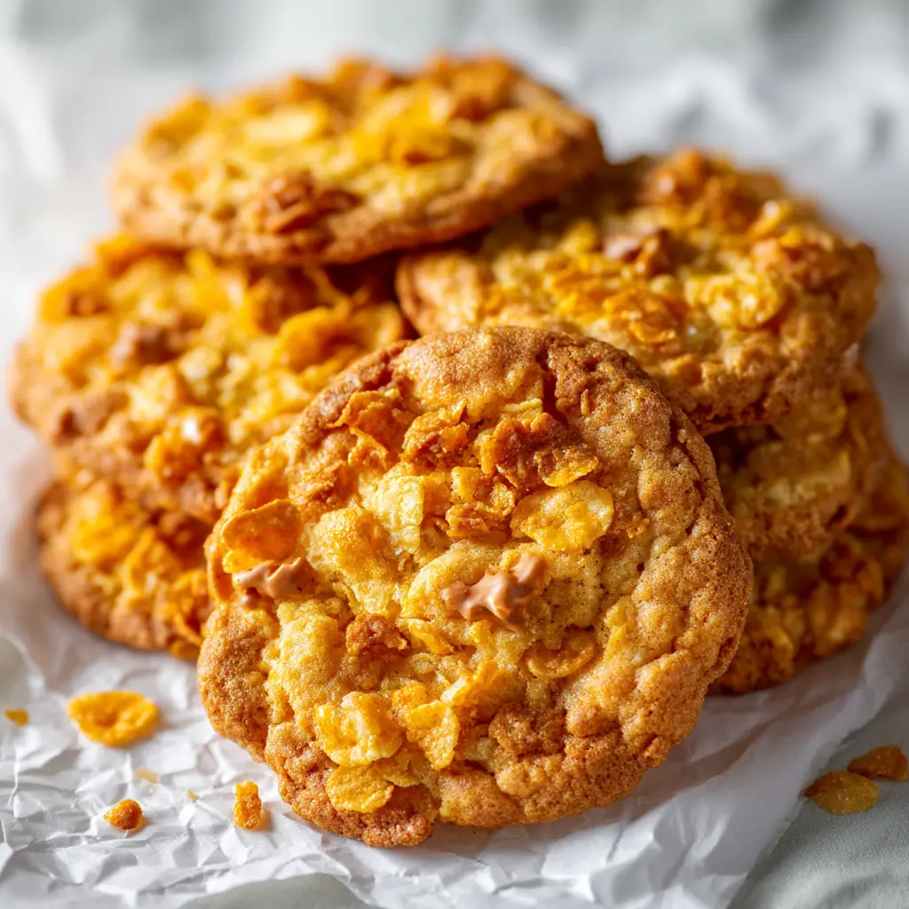 A spoonful of the cornflake and toffee mixture being dropped onto a parchment-lined baking sheet, demonstrating a key step in this easy toffee cookie recipe.