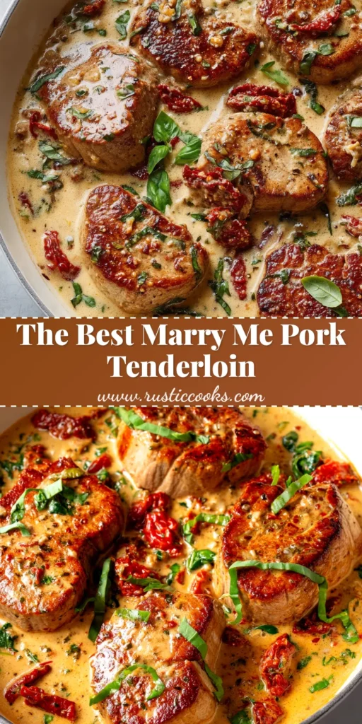 A stunning hero shot of sliced Marry Me Pork Tenderloin arranged on a platter, generously topped with a creamy sun-dried tomato sauce and fresh basil.