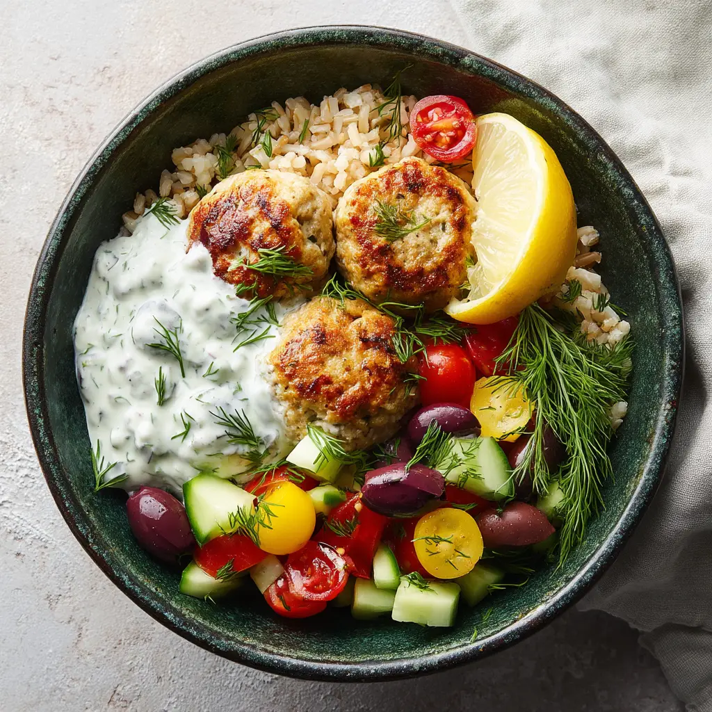 A fully assembled Mediterranean bowl with lean turkey meatballs, quinoa, and a generous drizzle of homemade tzatziki sauce.