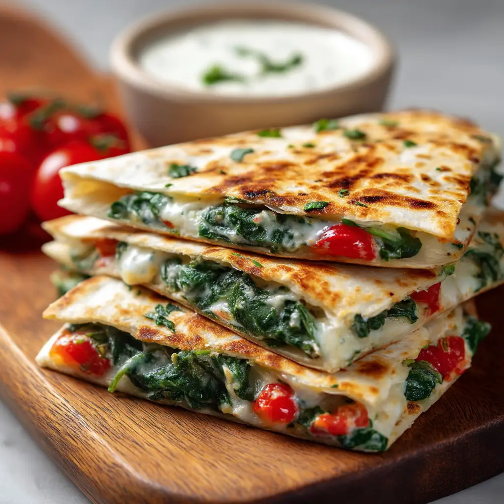A close-up of a single Mediterranean quesadilla wedge being lifted, with strings of melted mozzarella cheese stretching from the filling.