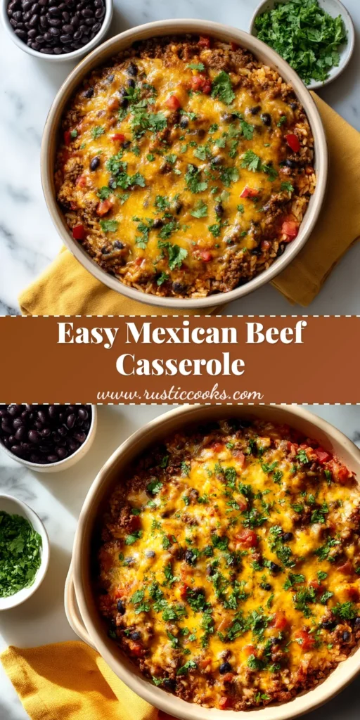 A delicious Mexican Ground Beef Casserole in a white baking dish, topped with melted cheese and fresh cilantro. The perfect easy weeknight dinner recipe.