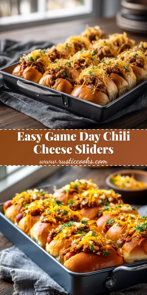 A tray of delicious Mini Chili Cheese Dog Sliders fresh out of the oven, with melted cheddar cheese and a savory beef chili on soft buns.