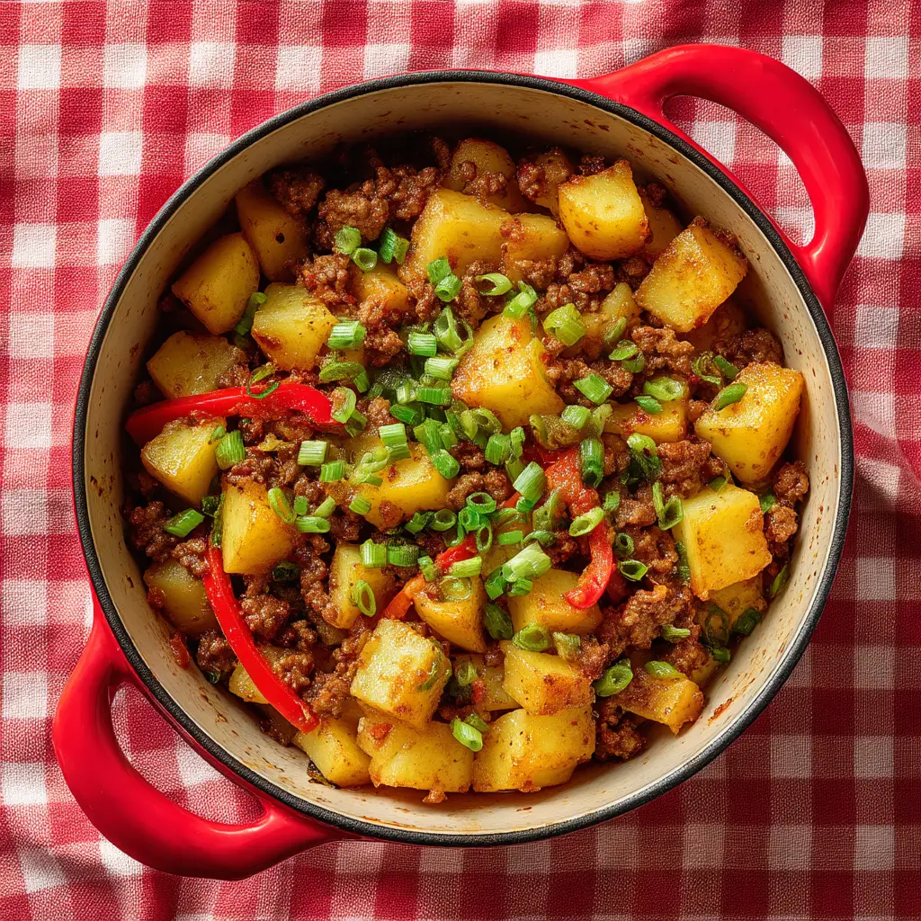A spoonful of the finished ground beef and potatoes, showcasing the melted cheese and fresh parsley garnish.