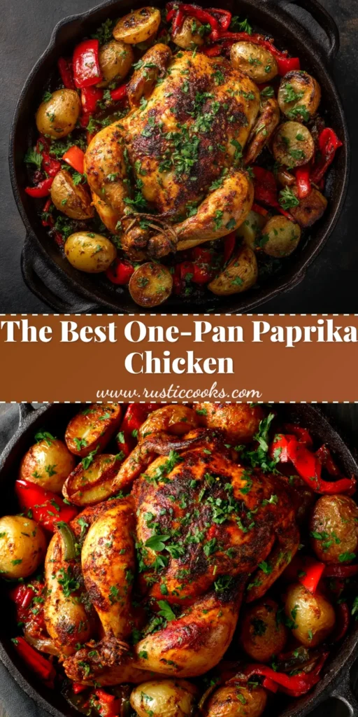 A delicious and easy One-Pan Paprika Chicken with crispy skin, roasted with colorful bell peppers and red onions on a baking sheet. The perfect weeknight dinner idea.