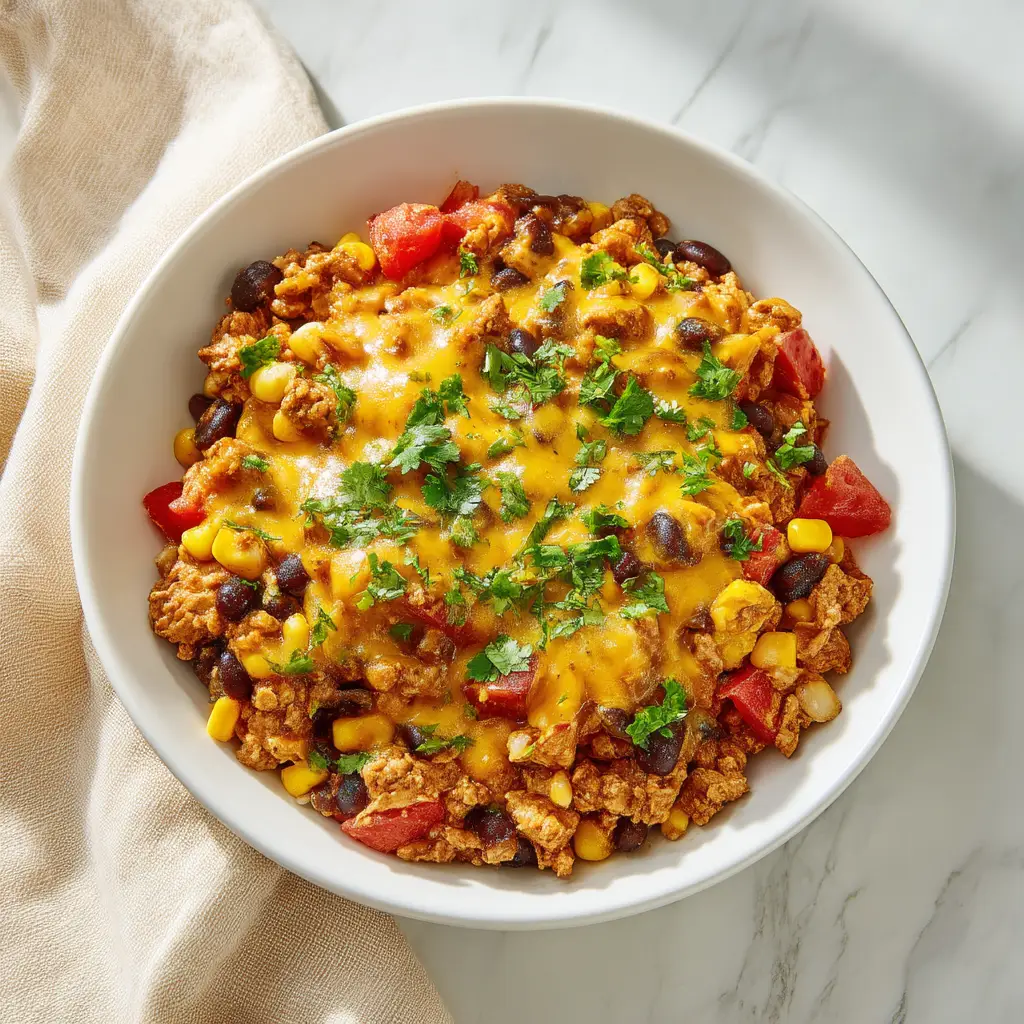 A serving of the Ground Turkey Taco Skillet on a plate, garnished with fresh avocado and cilantro, showcasing a perfect weeknight dinner portion.