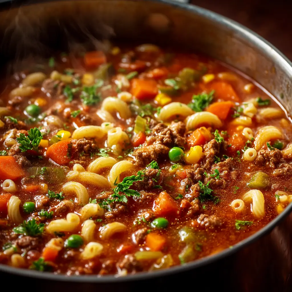 A spoonful of Italian Ground Beef Pasta Soup being lifted from a bowl, showcasing the rich broth, tender pasta, and savory ground beef.