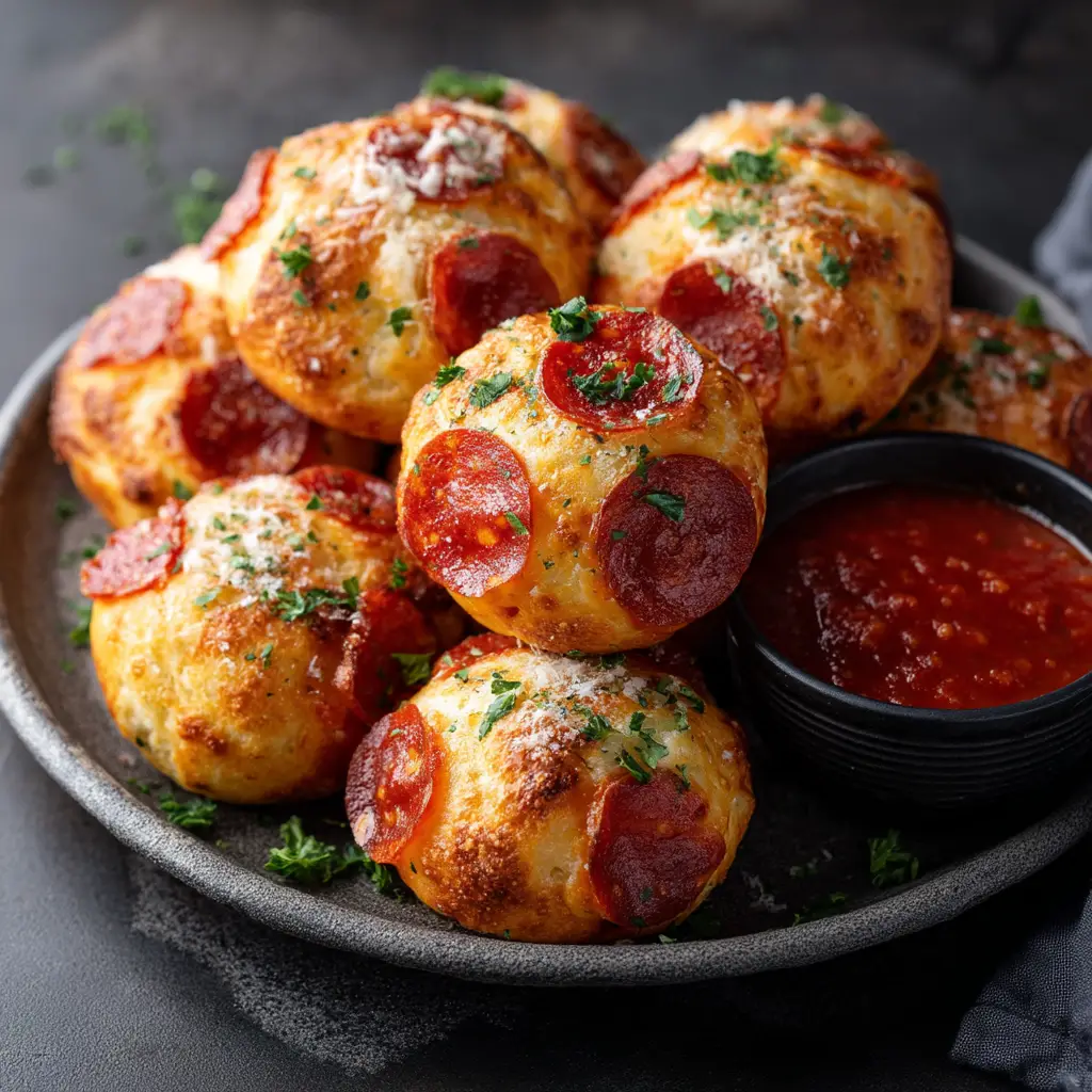 One pepperoni pizza bomb cut in half to reveal the gooey, melted mozzarella cheese and pepperoni inside.