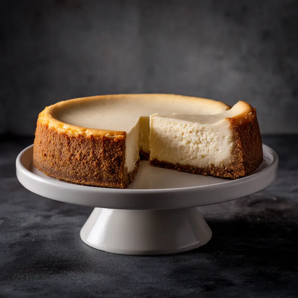 A beautiful overhead shot of a New York cheesecake, showcasing its smooth, even surface. This is a key visual for our guide on cheesecake recipes.