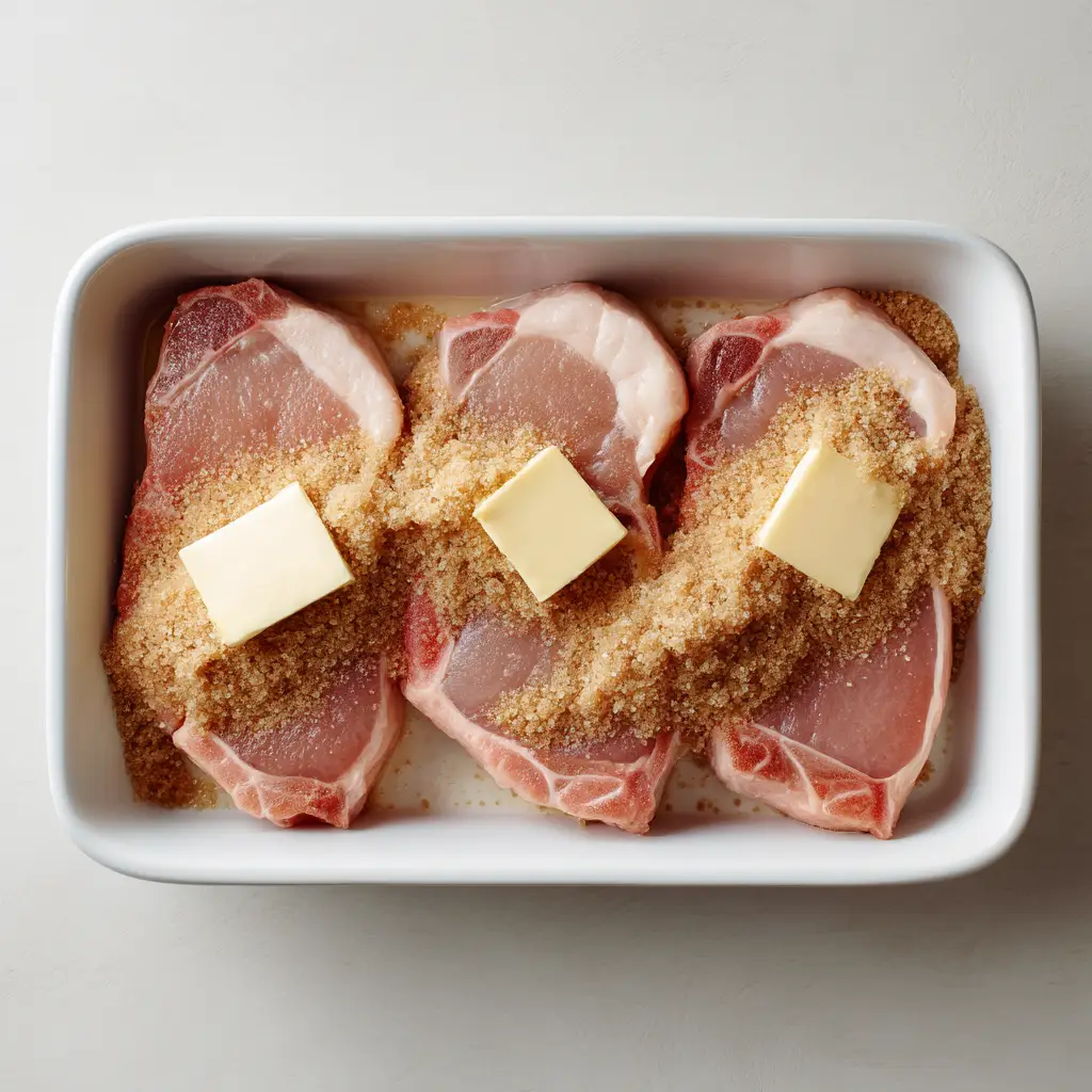 A small bowl containing the brown sugar glaze ingredients for the pork chops recipe, including soy sauce and garlic.