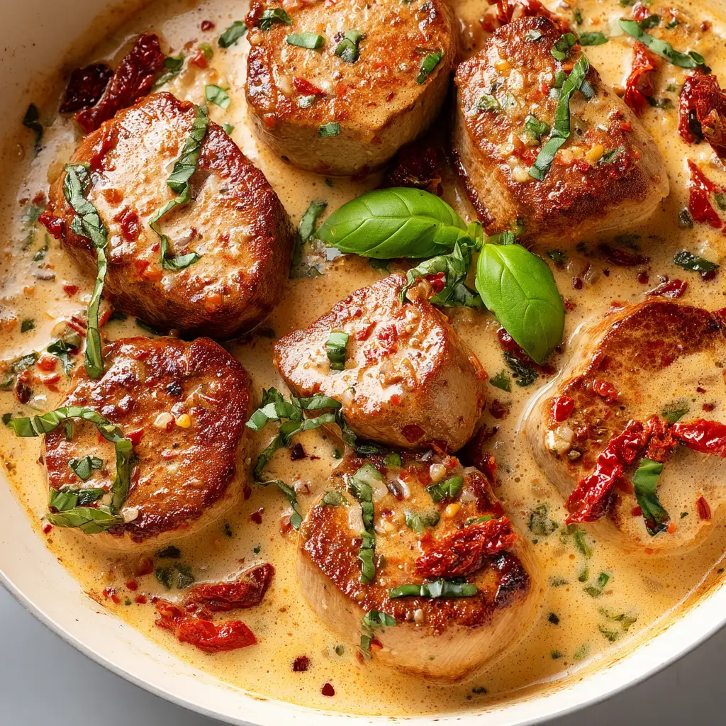 Pork tenderloin simmering in a creamy sun-dried tomato sauce in a cast-iron skillet, just before going into the oven.