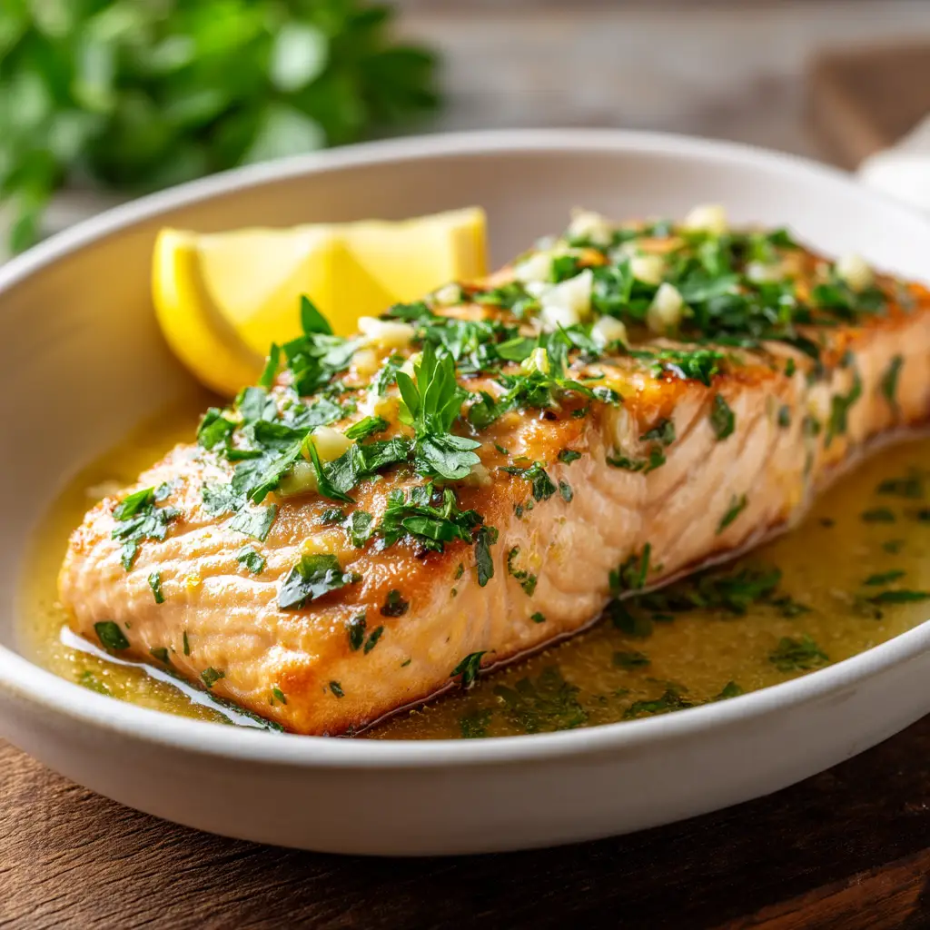 The raw salmon fillet on a baking sheet, topped with lemon slices and garlic butter sauce before going into the oven.