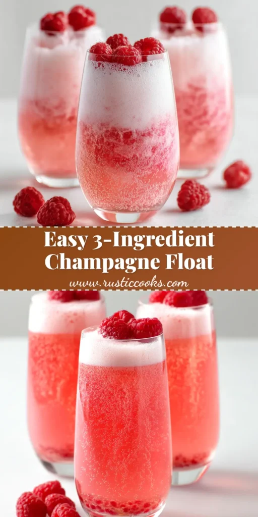 A tall glass filled with a vibrant Raspberry Sherbet Champagne Float, garnished with fresh raspberries and a mint sprig, ready for a celebration.