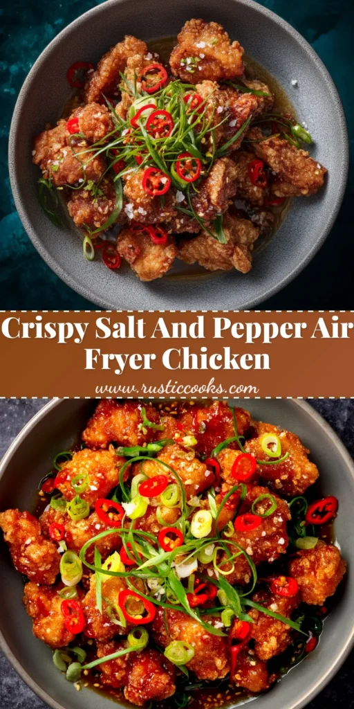 A close-up shot of crispy salt and pepper chicken in a white bowl, garnished with fresh chilies and spring onions. A title reads 'Crispy Salt and Pepper Chicken'.