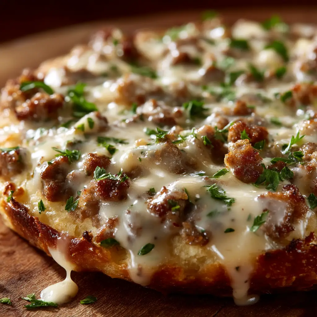 A close-up shot of the creamy sausage gravy being spread over the pressed biscuit dough crust for the breakfast pizza.