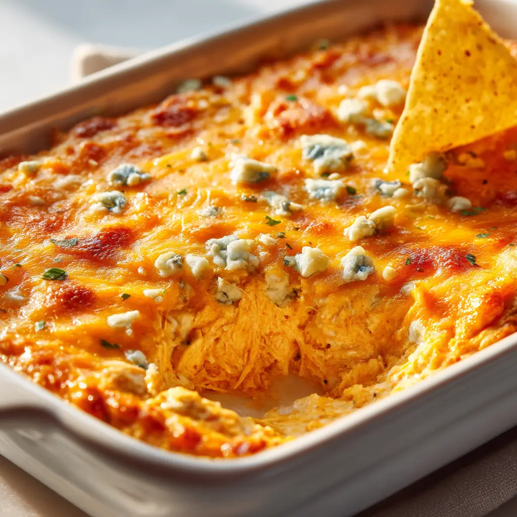 A tortilla chip scooping up a generous amount of easy buffalo chicken dip from a baking dish.