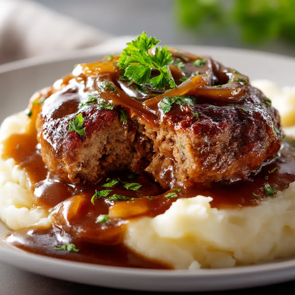A Salisbury steak patty being seared in a hot skillet, showing the deep brown crust forming on the ground beef.