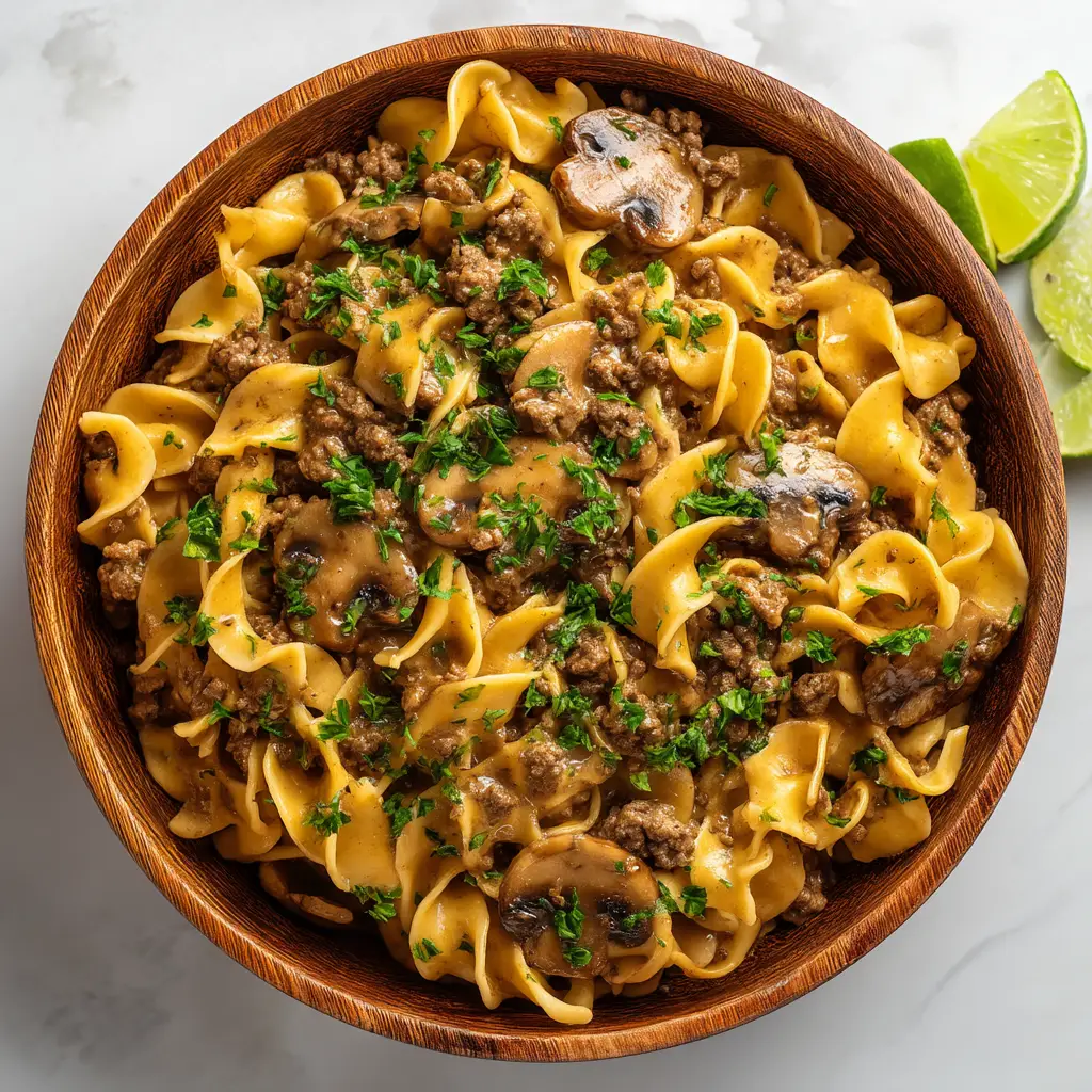 A spoonful of creamy ground beef stroganoff being lifted from a bowl, showing the tender beef, mushrooms, and noodles coated in sauce.