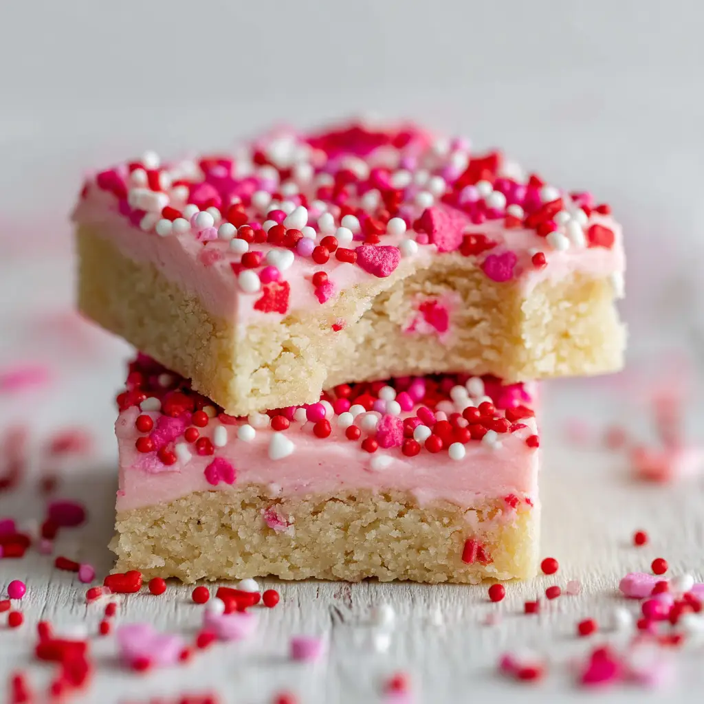 A Valentine's Day cookie bar being lifted from a baking pan, showing the chewy interior and thick layer of pink frosting.