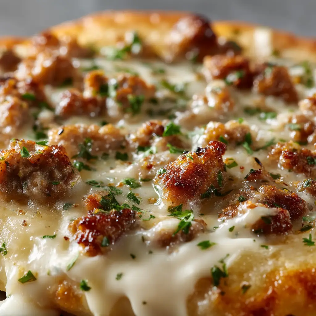 A slice of the country gravy breakfast pizza being lifted from the pan, showcasing a perfect cheese pull and golden-brown biscuit crust.